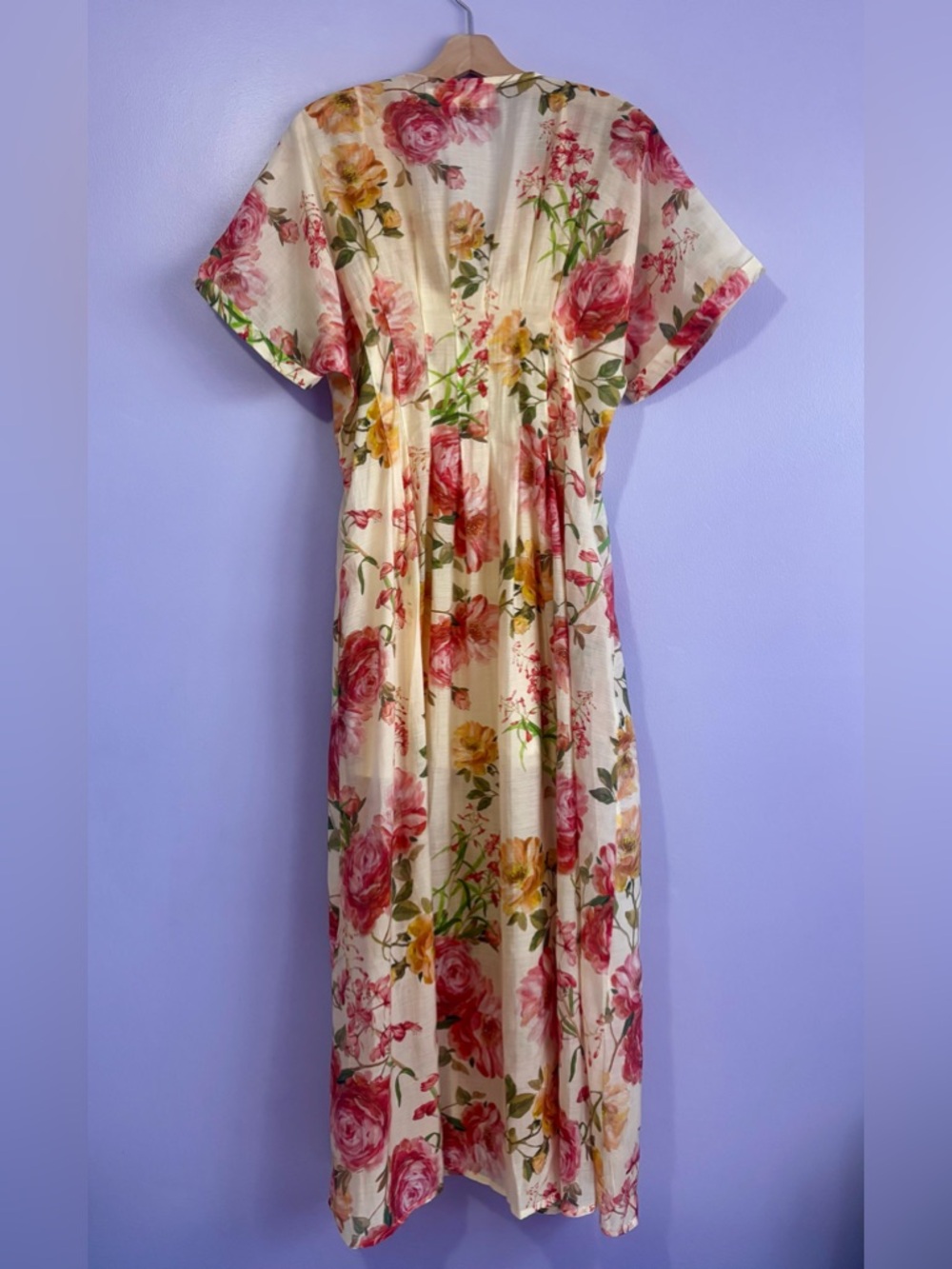 Floral V-Neck Button Front Midi Dress - Cream with Pink Roses - Picture 9 of 10